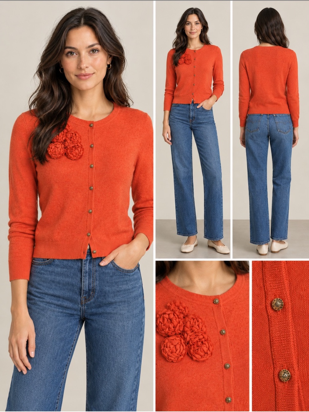 Women’s Cardigan New York & Company Medium, Orange w rosettes & gemstone buttons